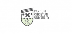 Logo of Partium Christian University (English, white)